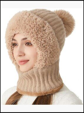 Double Layer Fleece Lined Knit Balaclava Beanie Scarf Mask Set Snow Hat